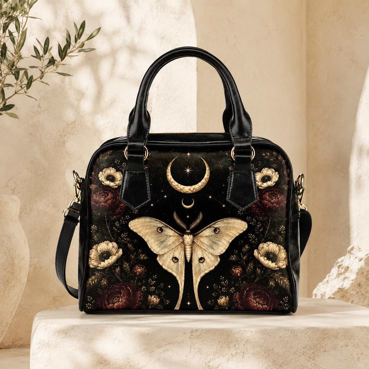Luna Moth Handbag, Black Celestial Floral Shoulder Bag, Gothic Crossbody Purse