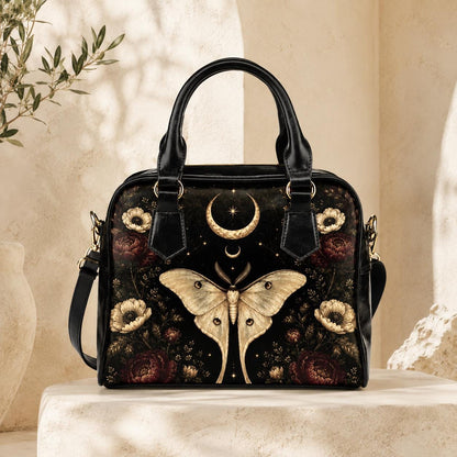 Luna Moth Handbag, Black Celestial Floral Shoulder Bag, Gothic Crossbody Purse