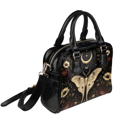 Luna Moth Handbag, Black Celestial Floral Shoulder Bag, Gothic Crossbody Purse