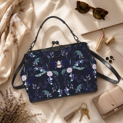 Bee Floral Kisslock Bag, Night Garden Purse, Cottagecore Handbag