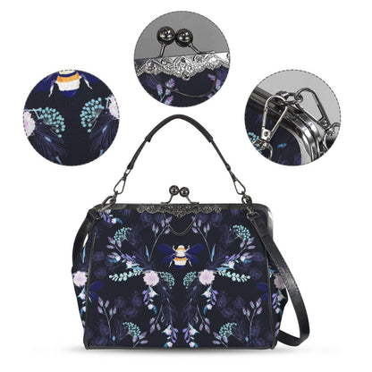 Bee Floral Kisslock Bag, Night Garden Purse, Cottagecore Handbag