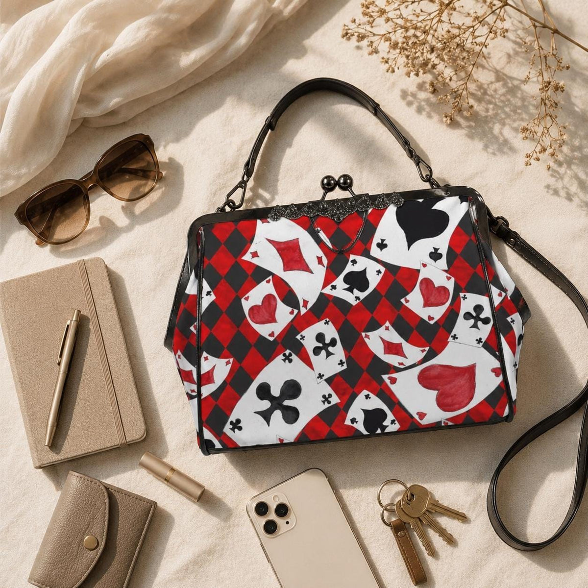 Alice in Wonderland Kisslock Bag, Queen of Hearts Purse, Red Harlequin Handbag