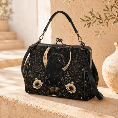 Black Cat Kisslock Purse, Crescent Moon Dark Floral Crossbody Bag