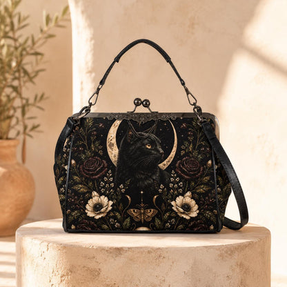 Black Cat Kisslock Purse, Crescent Moon Dark Floral Crossbody Bag