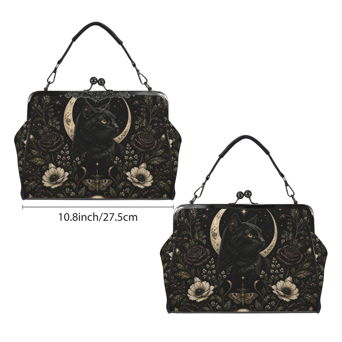 Black Cat Kisslock Purse, Crescent Moon Dark Floral Crossbody Bag