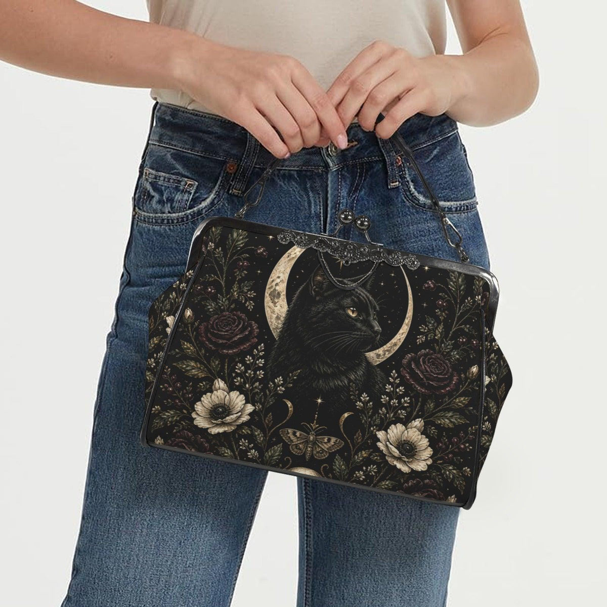 Black Cat Kisslock Purse, Crescent Moon Dark Floral Crossbody Bag