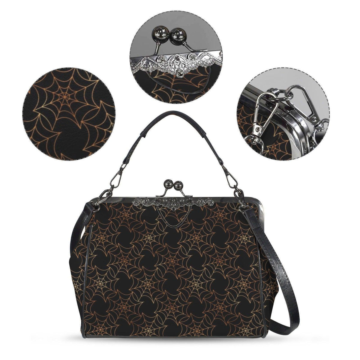 Spiderweb Kiss Lock Handbag, Black Rose Gold Frame Purse, Gothic Shoulder Bag