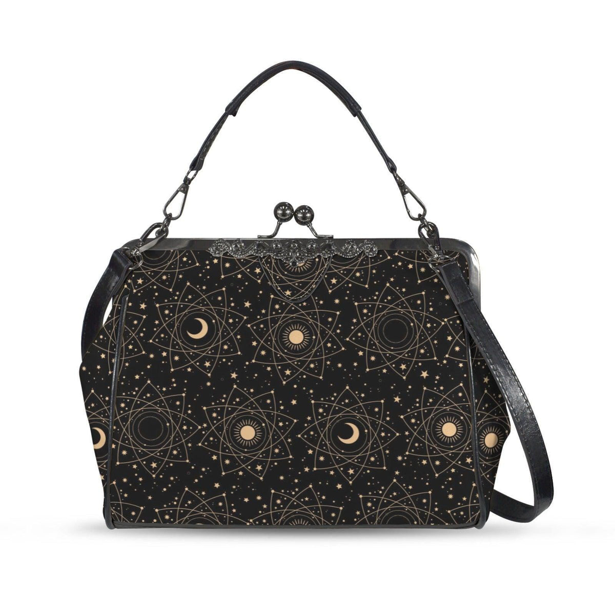 Celestial kisslock bag, moon and stars print, witchy astrology handbag