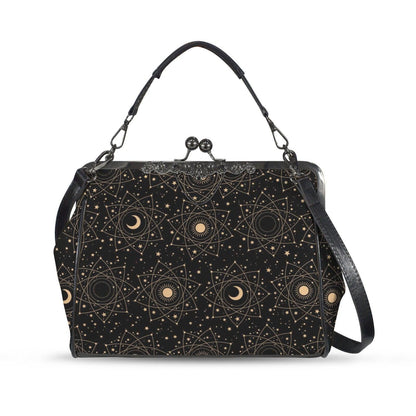 Celestial kisslock bag, moon and stars print, witchy astrology handbag