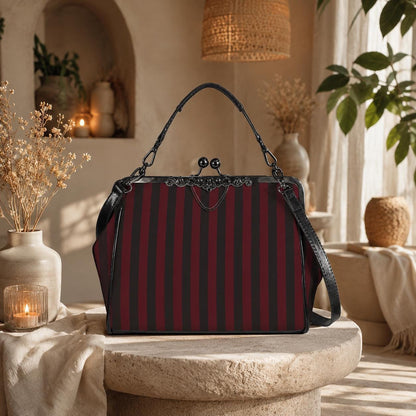 Red and Black Stripe Handbag: Vintage Kisslock Clasp, Vegan Leather Bag