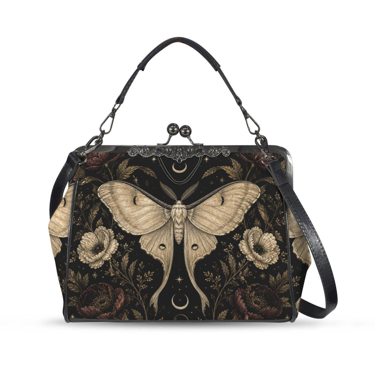 Luna Moth Kisslock Purse, Black Celestial Floral Crossbody Bag