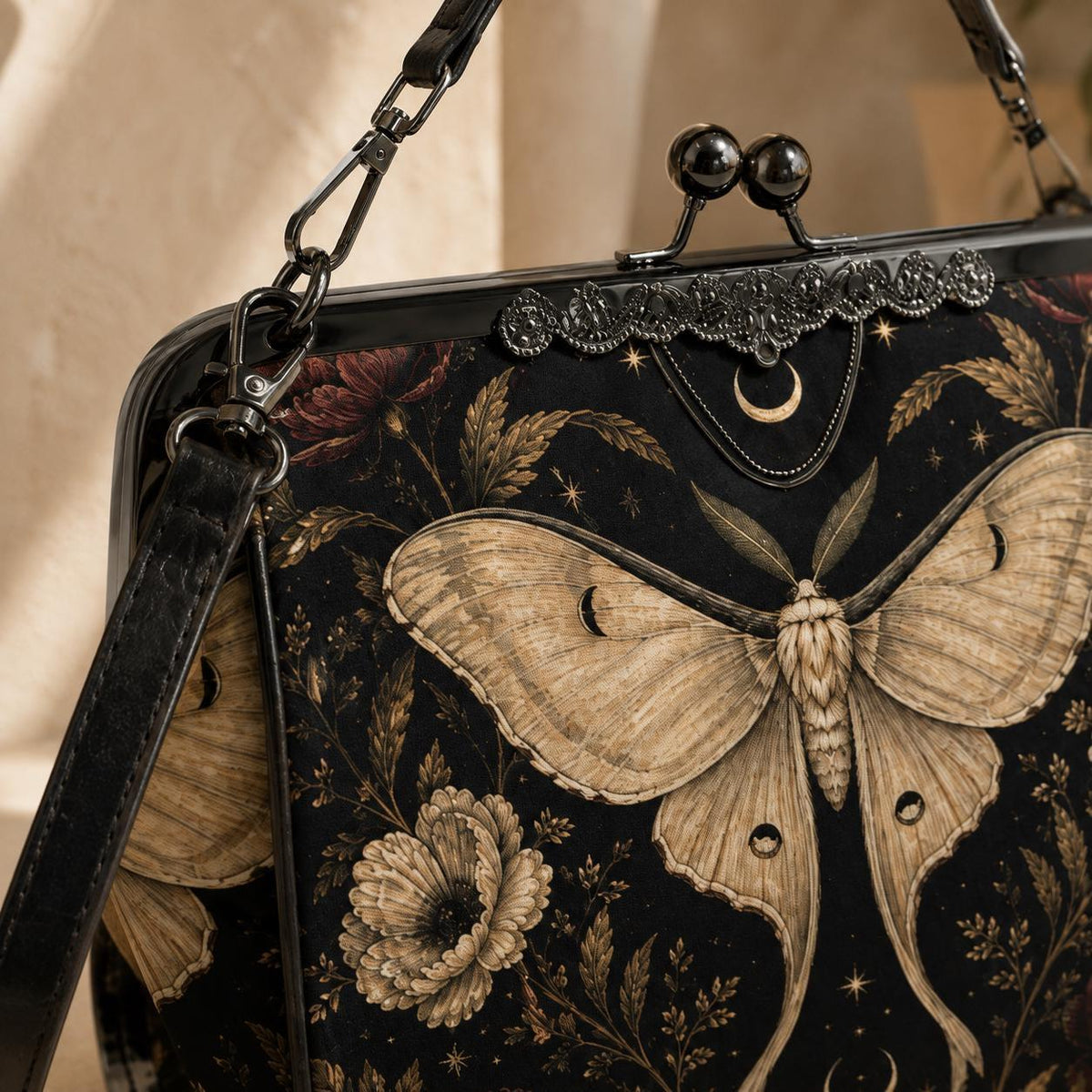 Luna Moth Kisslock Purse, Black Celestial Floral Crossbody Bag