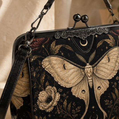 Luna Moth Kisslock Purse, Black Celestial Floral Crossbody Bag