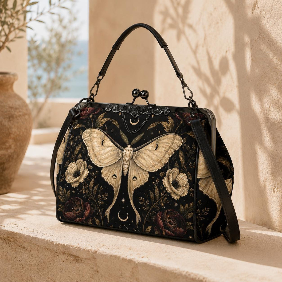 Luna Moth Kisslock Purse, Black Celestial Floral Crossbody Bag