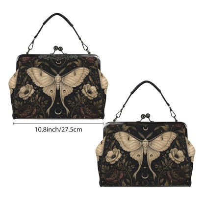Luna Moth Kisslock Purse, Black Celestial Floral Crossbody Bag