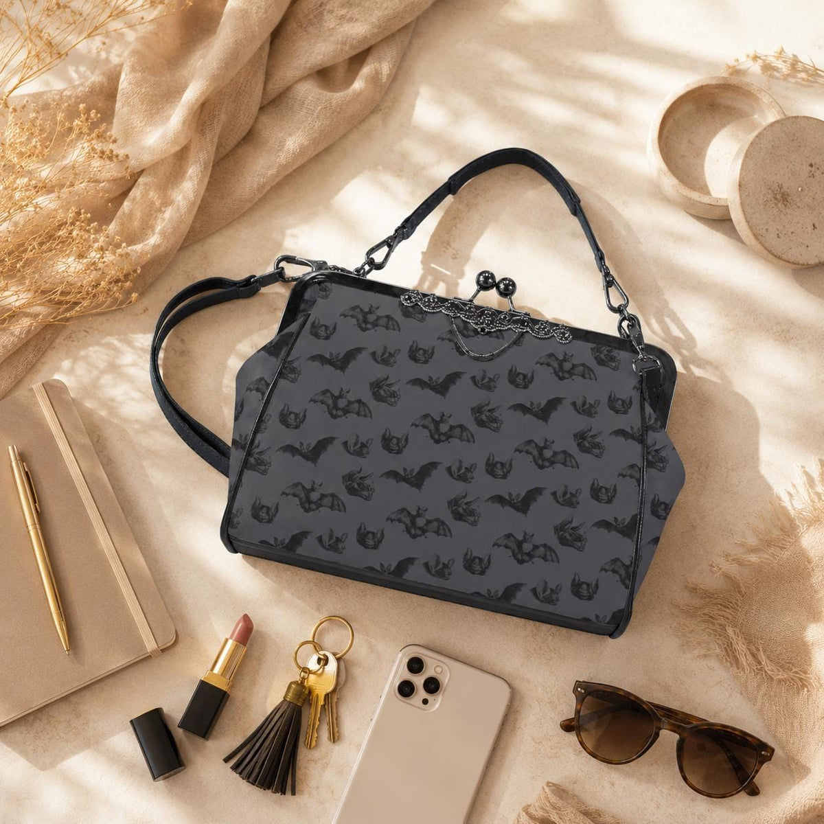 Midnight bat flight handbag, eerie night creature purse, spooky clasp shoulder bag