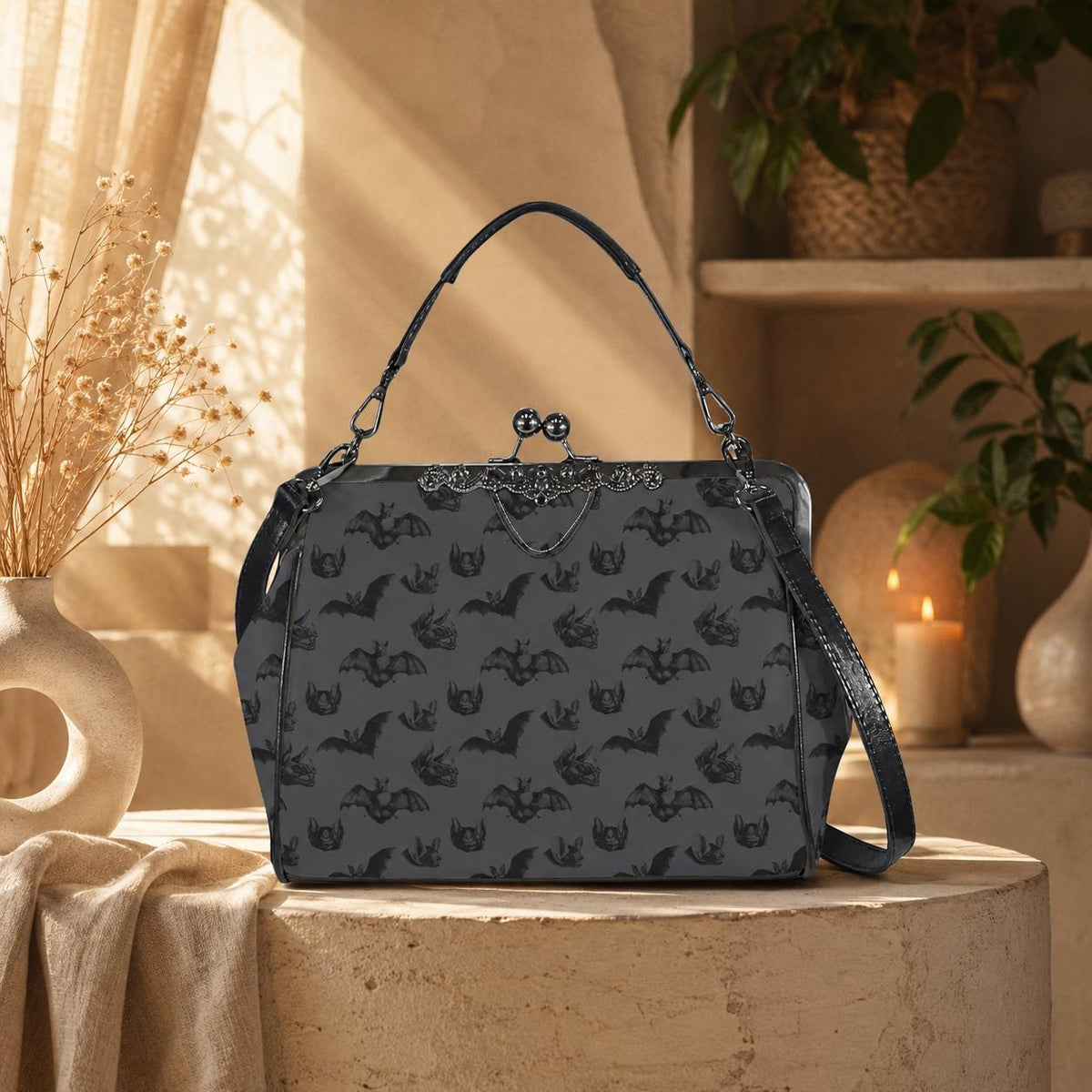 Midnight bat flight handbag, eerie night creature purse, spooky clasp shoulder bag