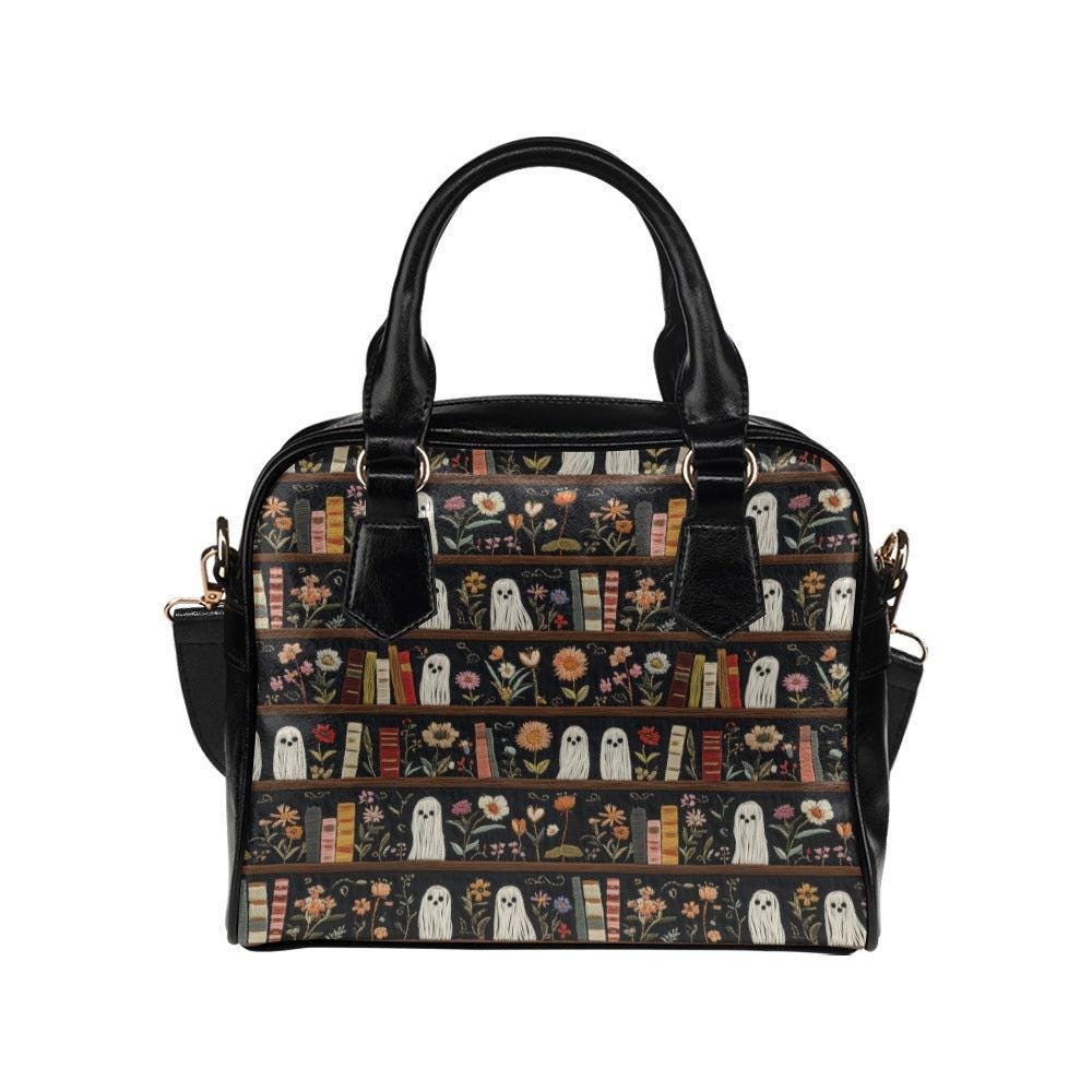 Book Lover Shoulder Bag, Ghost Bookshelf Print, Spooky Cottagecore Handbag
