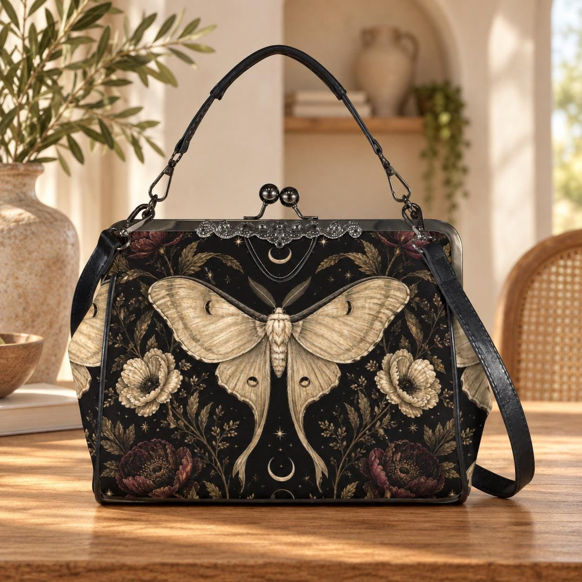 Luna Moth Kisslock Purse, Black Celestial Floral Crossbody Bag