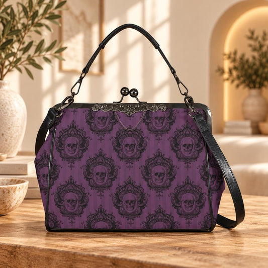 Purple Skull Cameo Kiss Lock Bag, Victorian Frame Handbag, Gothic Evening Purse