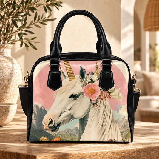 Unicorn Purse with Floral Crown, Fantasy Satchel Bag, Pink Whimsical Handbag