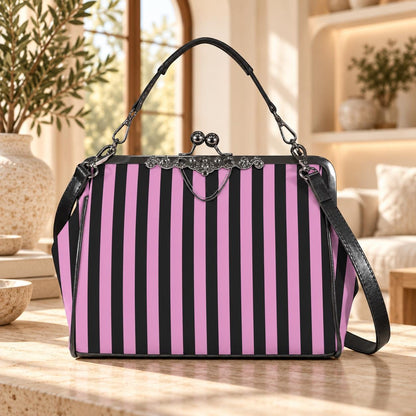 Gothic Striped Kiss Lock Handbag, Orchid Purple Black Vintage Frame Purse