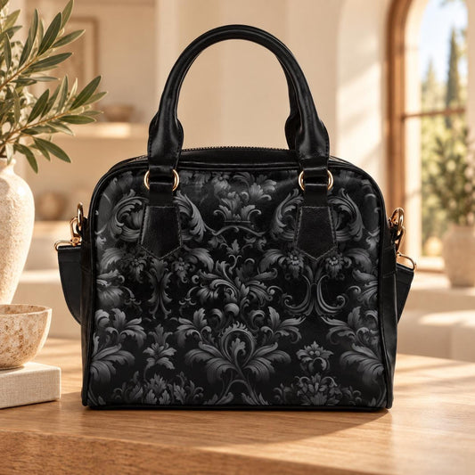 Baroque Black Satchel Bag, Victorian Gothic Faux Leather Handbag, Dark Gothic Purse