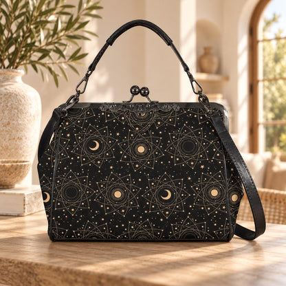 Celestial kisslock bag, moon and stars print, witchy astrology handbag