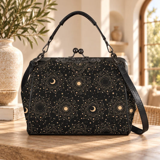 Celestial kisslock bag, moon and stars print, witchy astrology handbag