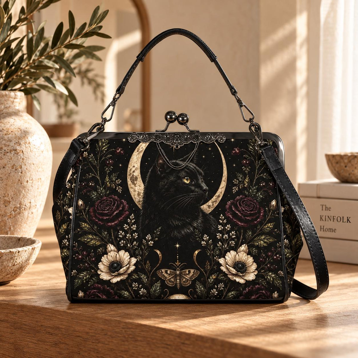 Black Cat Kisslock Purse, Crescent Moon Dark Floral Crossbody Bag