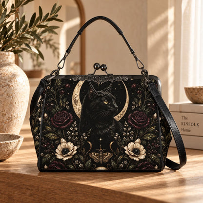 Black Cat Kisslock Purse, Crescent Moon Dark Floral Crossbody Bag