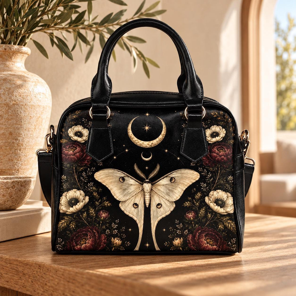 Luna Moth Handbag, Black Celestial Floral Shoulder Bag, Gothic Crossbody Purse