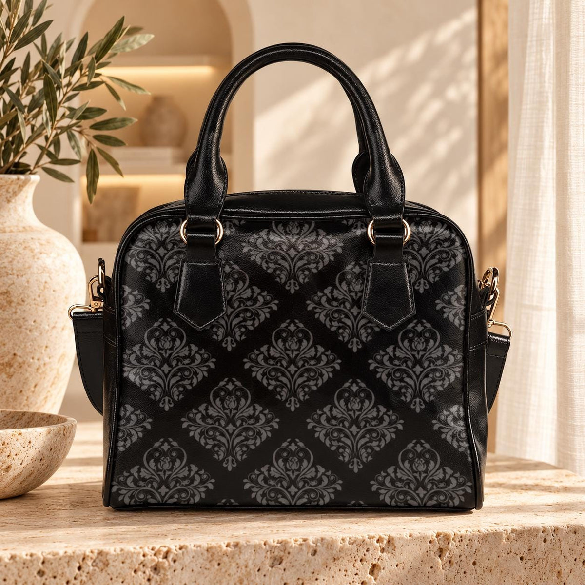 Black Damask Satchel, Dark Academia Purse, Elegant Gothic Handbag