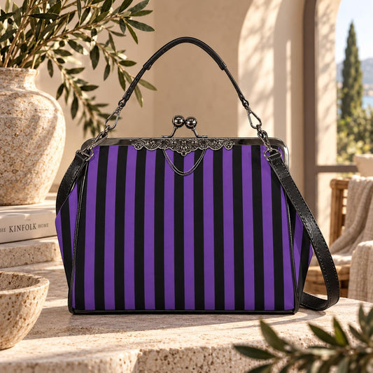 Purple Black Stripe Kiss Lock Purse, Gothic Frame Bag for Witchy Outfit