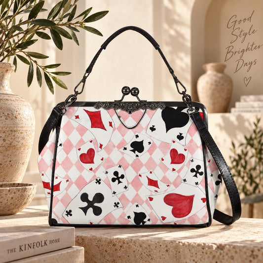Alice Inspired Harlequin Card Suit Kiss Lock Bag, Pink Wonderland Handbag
