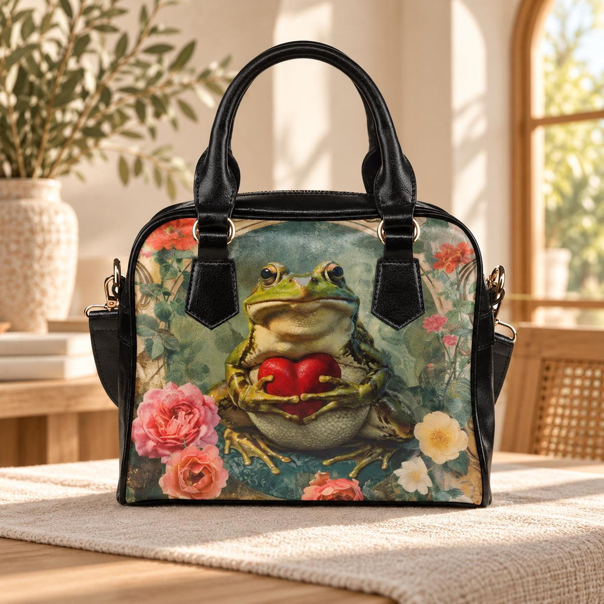 Romantic Frog Heart Satchel Bag, Botanical Cottagecore Handbag, Whimsical Gift