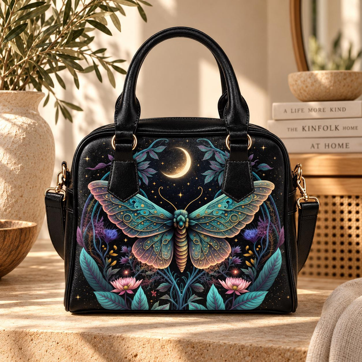 Celestial moth moon handbag, witchy astrology crossbody bag, mystical travel tote, enchanted everyday purse