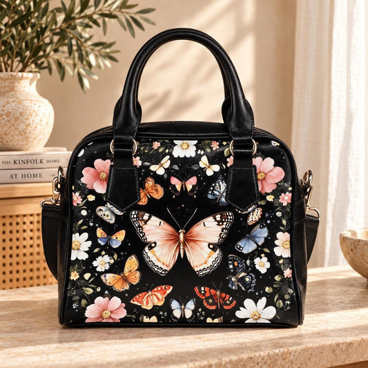Butterfly floral satchel purse, moth garden handbag, vintage insect crossbody
