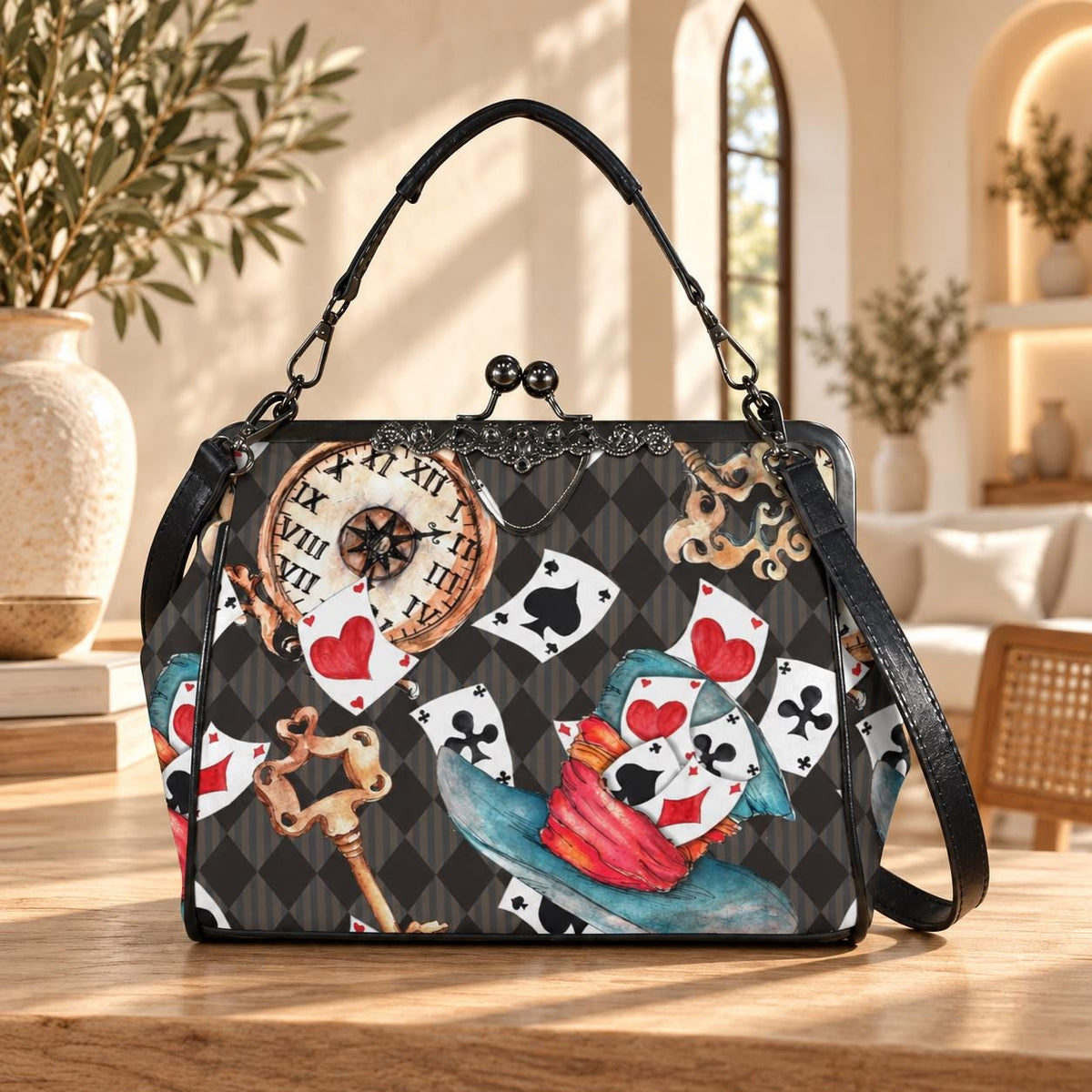 Wonderland Tea Party Kisslock Handbag, Playing Card Clock Frame Purse, Queen of Hearts Bag