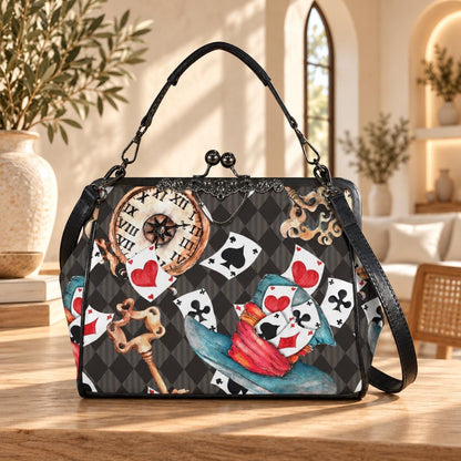 Wonderland Tea Party Kisslock Handbag, Playing Card Clock Frame Purse, Queen of Hearts Bag