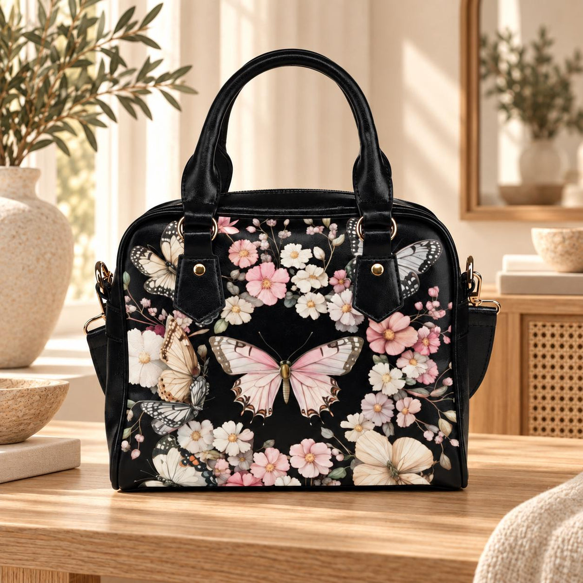 Black Butterfly Floral Satchel Handbag, Romantic Spring Blossom Statement Bag