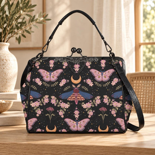 Kiss Lock Purse, Pink Moth Shoulder Bag, Moon Blossom Frame Handbag