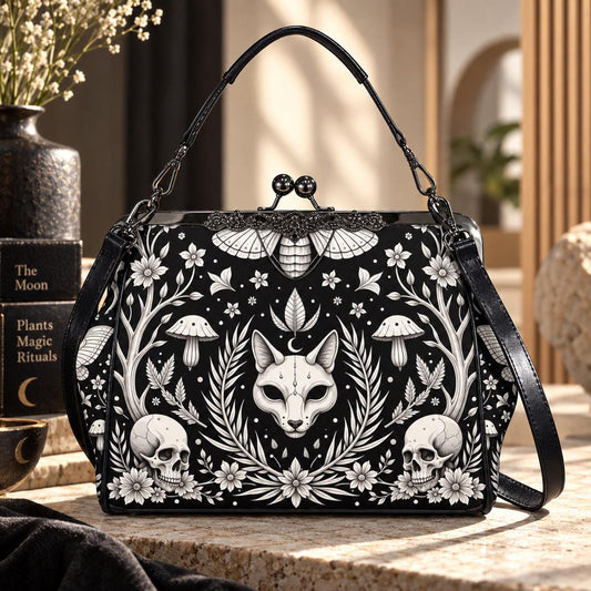 Gothic Skull Moth Print Frame Bag, Witchy Top Handle Purse, Occult Botanical Tote