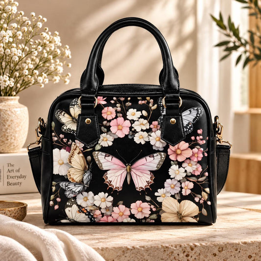 Black Butterfly Floral Satchel Handbag, Romantic Spring Blossom Statement Bag
