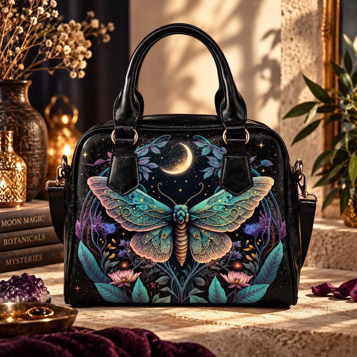 Celestial moth moon handbag, witchy astrology crossbody bag, mystical travel tote, enchanted everyday purse
