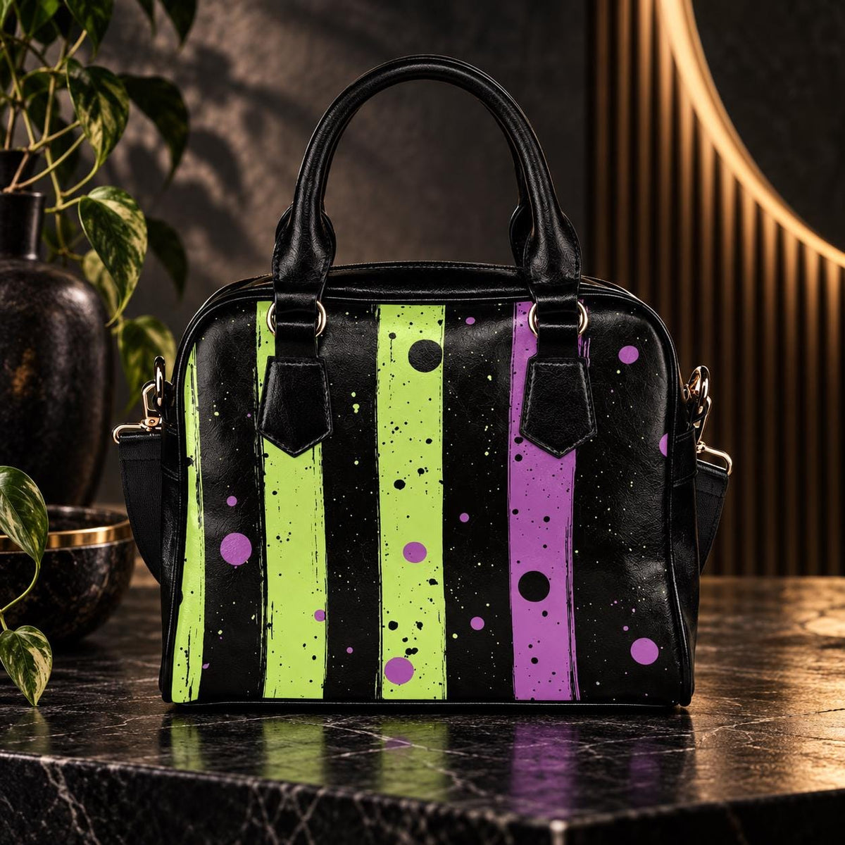Green Purple Stripe Handbag, Paint Splatter Crossbody Purse, Gold Hardware Shoulder Bag