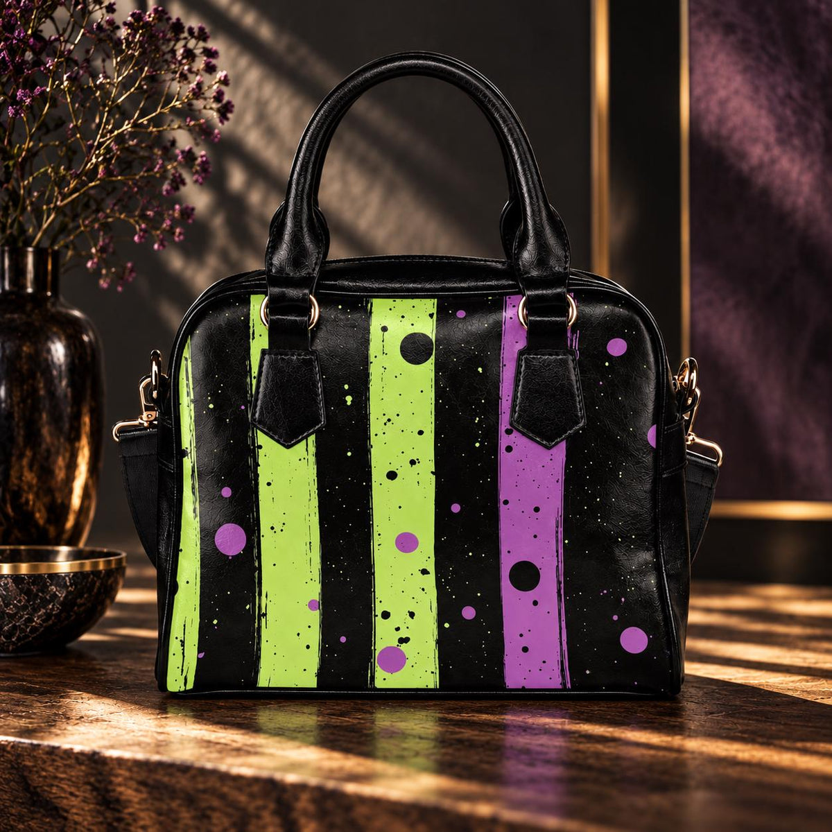 Green Purple Stripe Handbag, Paint Splatter Crossbody Purse, Gold Hardware Shoulder Bag