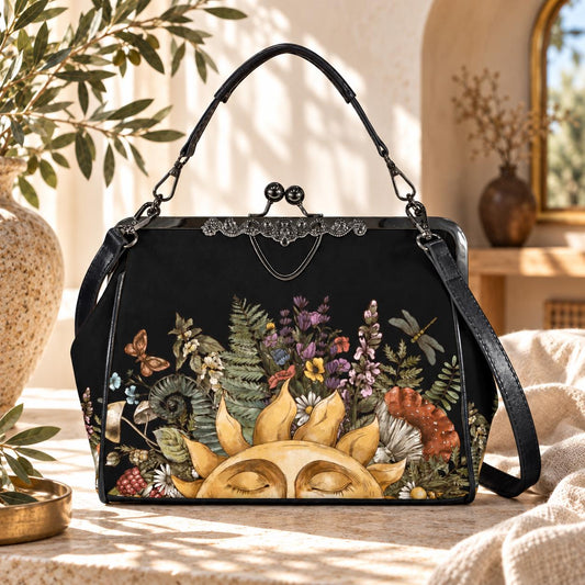 Kiss Lock Purse, Dark Cottagecore Handbag, Sun Botanical Frame Bag