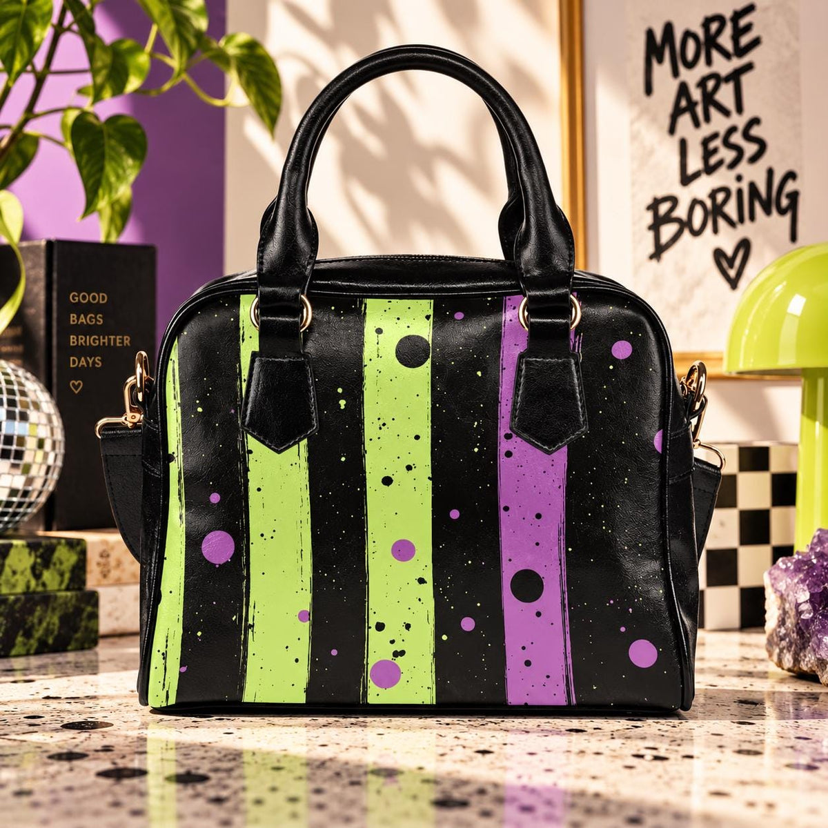 Green Purple Stripe Handbag, Paint Splatter Crossbody Purse, Gold Hardware Shoulder Bag