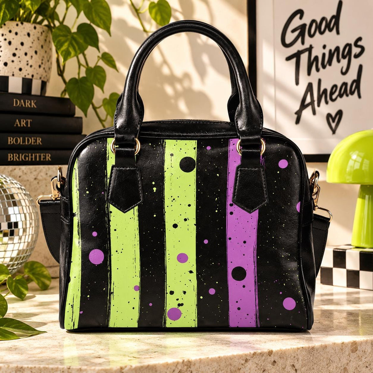 Green Purple Stripe Handbag, Paint Splatter Crossbody Purse, Gold Hardware Shoulder Bag